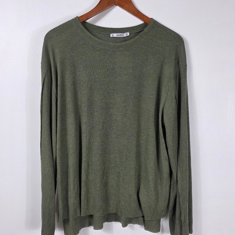 Pull&Bear Womens Olive Green Ribbed Long Sleeve Crew Neck Relaxed Fit Top Size M